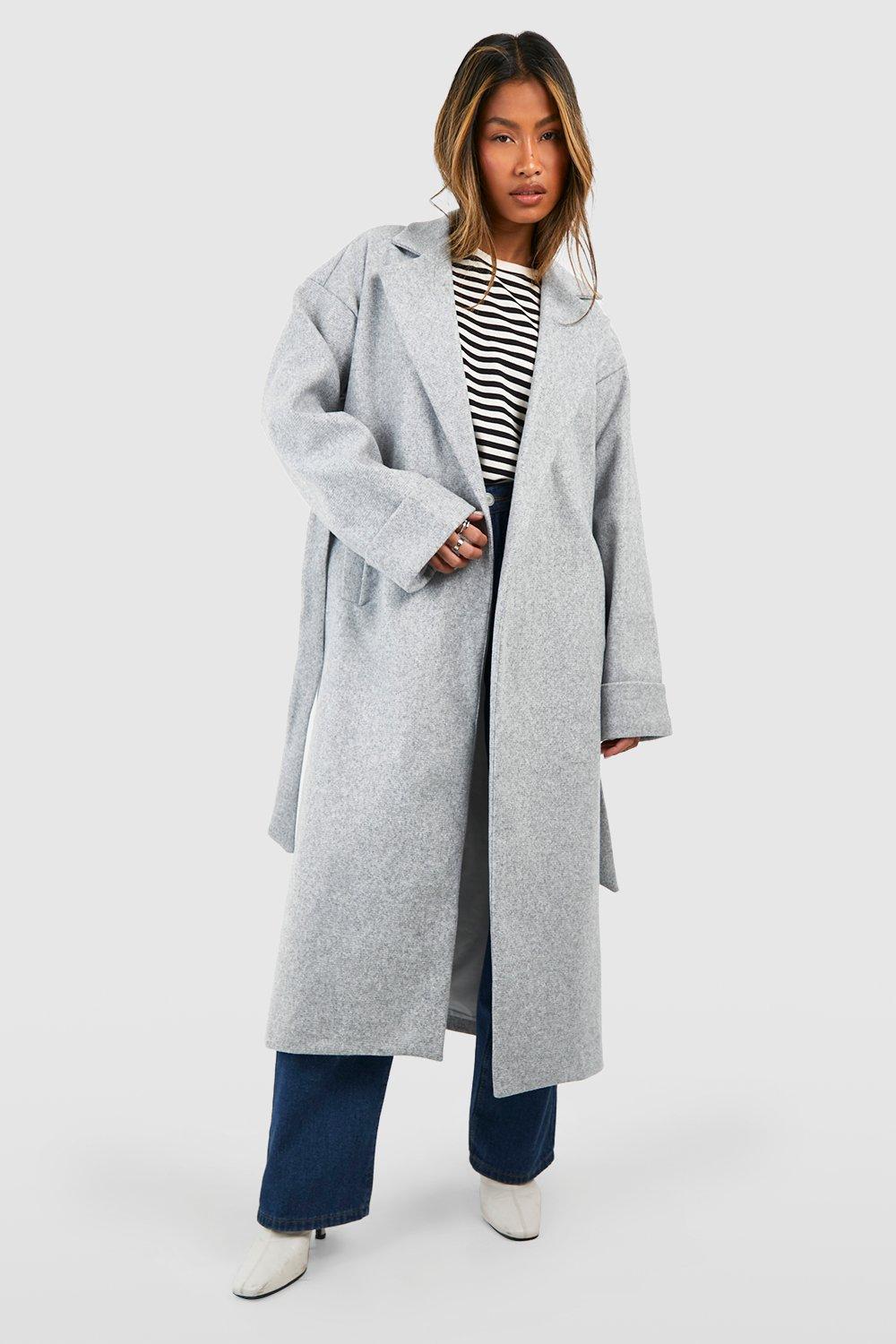 Grey belted coat uk best sale